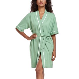 ANLIQI Womens Robe Lightweight Short Cotton Summer Bath Robe 1/2 Sleeve Ladies Kimono Bathrobes Soft Spa Knit Sleepwear(Sage Green,L)
