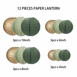 12Pcs Sage Green and Gold Paper Lanterns Set, Hanging Paper Lanterns Decoration, Paper Decoration for Wedding, Christening,Communion, Birthday Party