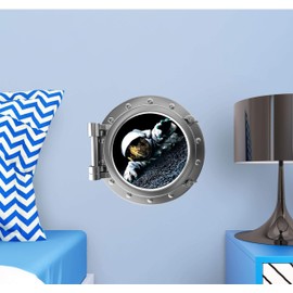 12" PortScape Instant Space Porthole Window Life on Moon #1 Removable Fabric Vinyl 3D Wall Sticker for Instant Astronaut Space View Boys Wall Art Decor