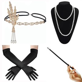 Wzenclave 1920s Gatsby Accessories Set for Women Flapper Costume 5PCS Roaring 20s Flapper Headband Pearl Necklace Gloves Plastic Holder Costume Harlem Nights Accessories Set for Women