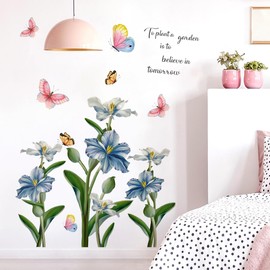Runtoo Blue Flower Wall Stickers Lily Tulip Floral Butterfly Wall Art Decals for Living Room Bedroom Nursery Wall Decor