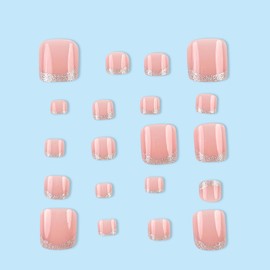 AkiliBIELY Silver French Tip Press on Toenails for Women Fantasy Bling Toe Nail Press ons Classy Pretty Sparkly Toe Press on Nails Acrylic Full Cover Press on Toe Nails for Wedding Birthday