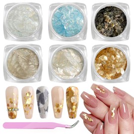 XEAOHESY 6 Jars Mica Nail Art Flakes Marble 3D Nail Sequins Design Mica Nail Slices for Acrylic Nails Mica Charms Decorations with Tweezer