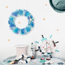 Sea Glass Wreath - Handmade 8.5 Inch Beach Wreath, Coastal Style Christmas Decor Wreaths for Home Decor, Door, Window, Kitchen Cabinet, Chair and Wall (Blue)