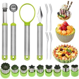14 Pack Melon Baller Scoop Set - 4 in 1 Stainless Steel Fruit Tool Set Fruit Scooper Seed Remover with Fruit Vegetable Cutter Shapes Set Fruit Peeler for Fruit Slicer Dig Pulp Separator - Color: A