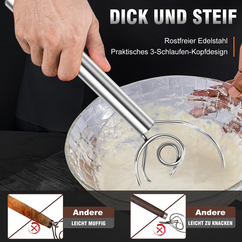 Walfos 2 pieces Danish dough whisk, premium stainless steel bread