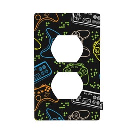 Pznen Gamepad Outlet Covers Colorful Game Controller Cool Doodle Grunge Black 1-Gang Wall Plate Duplex Standard Receptacle Plug Cover for Boys Bedroom Men Cave Game Zone
