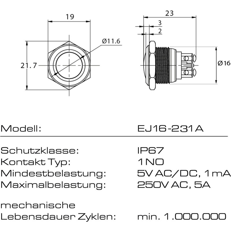 Push Button – Screw Contacts – Diameter 16 mm –