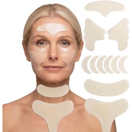 Set de 11 Parches Antiarrugas de Silicona grado medico, Reutilizables Tratamiento Nocturno con Efecto Lifting para Rostro, Frente, Ojos, Cuello y Escote Parches Faciales.