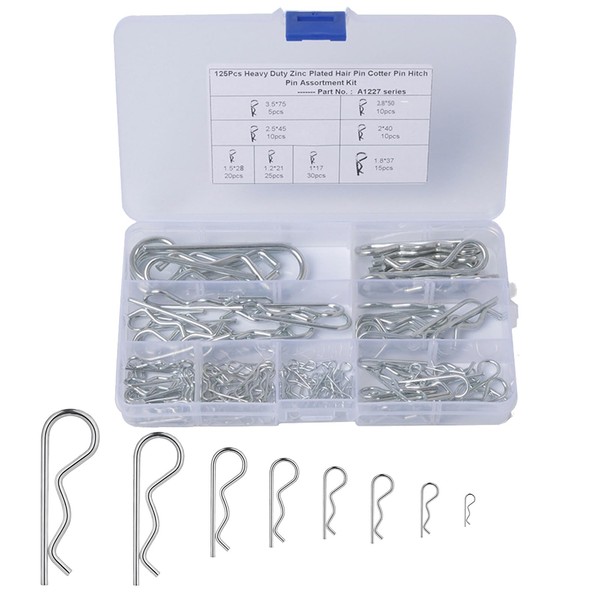 JOEBO 125 Pcs R Pin Cotter Pin Clip Pin Beta Pin Body Clip for Automobiles Machinery Repair Carbon Steel General Purpose R Spring with Storage Case