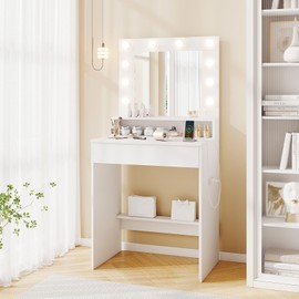 CHARMAID Vanity Desk with Mirror and Lights, White Makeup Vanity Table with Charging Station, Drawer & Shelves, 3-Color Dimmable Lighting, Compact Dressing Table for Small Bedroom Narrow Space