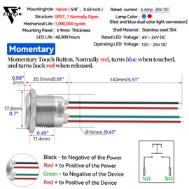 ZJWZJH Touch Switch 5V-24V DC Red and Blue Light Conversion 16mm 5/8" Momentary Push Button Switch SPST Stainless Steel 304 Waterproof with Protective Cover