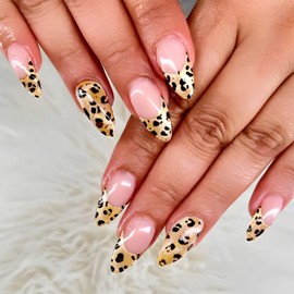 Medium Almond Press on Nails Fake Nails French Tip with Leopard Glitter Design Full Cover Glossy Glue on Nails Acrylic False Nails for Women Girls 24 Pcs (Leopard-35, Nails-35)
