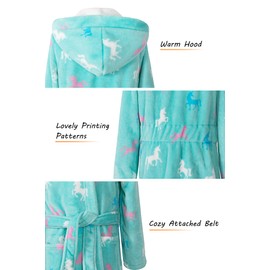 Girls Fleece Bathrobe Hooded Kids Sleep Robe Flannel Sleepwear Soft Fuzzy Robes(Green, 9-10)