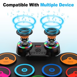 Rocktata® Electronic Drum Set, 9 Pad Roll-up MIDI Drum Kit with 2 Speakers/Pedals/Headset Jack/Drumsticks, BT Wireless Portable Kids Drum Practice Pad Gift for Beginner