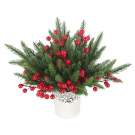 Botius 50 Pcs Christmas Cedar Pine Artificial Christmas Branches with Red Berry Stems Fake Greenery Plants Pine Sprigs Picks for Wreath Craft DIY Home Kitchen Decorations