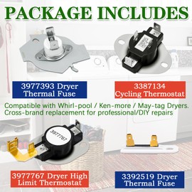 3392519 3977767 3387134 3977393 Dryer Thermostat and Thermal Fuse Kit, Fit for Whirl-pool May-tag Ken-more WED6200SW1 WED5000DW2 WED5100VQ1 WED49STBW1 WED4900XW0 WED4800XQ1 WED4800XQ0 WED6600VW0