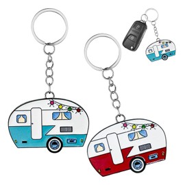 DXNQ 2PCS Camper Keychain, Happy RV Camper Keyring, Travel Trailers Key Chain Gift for Camper Lovers, Car Accessories (Red+ Green)