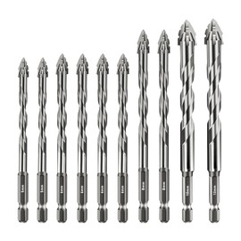 Four-Edged Sawtooth Eccentric Drill Bit, High Strength Serrated Drill, 1/4 Hex Shank, High Strength Tile Drill Set with Carbide Tip (5/5/6/6/6/6/8/8/10/12 mm, Silver)