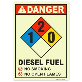Brimar - 10" x 14" - NFPA Diesel Fuel 1-2-0 Sign - 4 Mil Glow-in-the-Dark Peel and Stick Polyester Label - Hazard Warning - Easy Installation