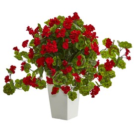 Nearly Natural Geranium Artificial Plant in White Tower Planter, Red
