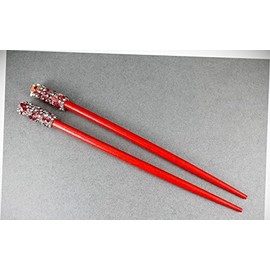 Perfect Hairstyle with Our Hair Accessories - Red Crystal Wood Set 2 Hair Chop Sticks Accessory Picks Pins 7 1/8" Long Fashionable Hair Accessory Hair Jewelry Accessories for Lady Women