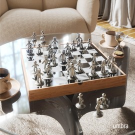 Umbra Buddy Chess Set for Kids & Adults – Modern Original Chessboard Game Made of Metal with Nickel & Titanium Finish – Measures 13 x 13 by 1 ½ Inch (33 x 33 x 3.8 cm) - Velvet Bottom for Easy Moving