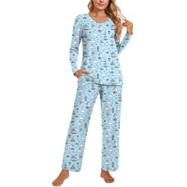 POPYOUNG Womens Fall-Winter 2 Piece Pajama Sets Long sleeve V-neck Tunic Tops with Comfy Pants Lounge Sleepwear Ladies Pjs Sets with Pockets 2XL, Blue white sailboats