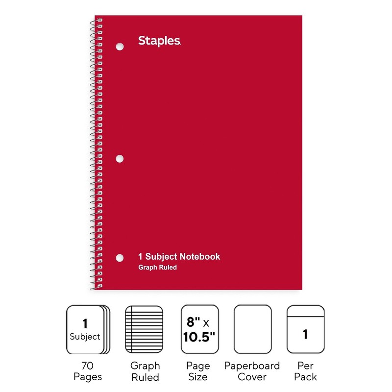 STAPLES Spiral Notebook, 8” x 10.5”, Graph Ruled (5x5), Red