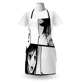 Ambesonne Anime Apron, Japanese Comics Strip with Boy and Girl Fight Scene Manga Image Cartoon Print, Unisex Kitchen Bib with Adjustable Neck for Cooking Gardening, Adult Size, White Black