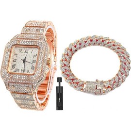 Valentine's Day GiftsSquare Dial Quartz Wristband Wrist Watch with Gift Boxes & Cuban Bracelet & Adjusters, - Perfect for Women,Men - Christmas Gifts For Lovers stocking stuffers black friday  gifts for friend.Rose Gold - Color: Rose Gold Watch&12mm Brac