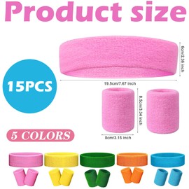 SSuirk 15 pcs Sweatband and Wristband Set Sport Headband and Wristband Moisture Wicking Sweatband Workout Wrist Wrap for Men Women,Green Pink Blue Orange and Yellow