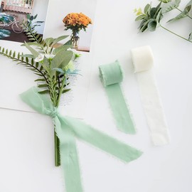 CHUQING Ribbon Eucalyptus Green 3 Rolls Gift Ribbon Chiffon Ribbon Fringe 38 mm x 6.3 m Silk Ribbon for Wrapping Gifts, Bouquets, Wedding Invitations