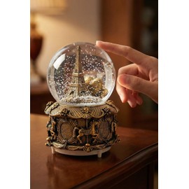 LED Music Snow Globe Vintage Eiffel Tower Buildings Embedded Carousel Retro Home Decoration for Book Shelf Cabinet Floating Board Office Desk Table Top Decor Centerpieces Ornament (Gold)