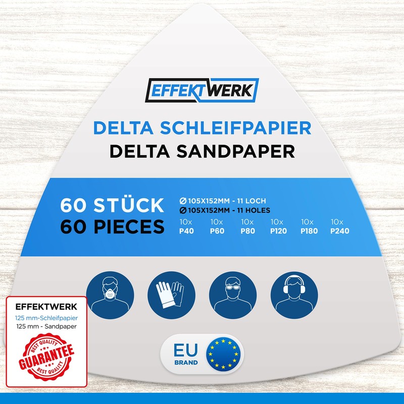 EffektWerk Delta Sandpapers (60 Pack 11 Holes) 105x152mm Triangular Sanding