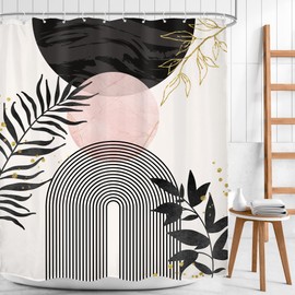 Mitpok Black Pink Boho Shower Curtain Mid Century Modern Abstract Bohemian Minimalist Gold Leaves Sun Arch Geometric Plant 60Wx72H Bathroom Decor Neutral Bath Curtain Fabric Polyester 12 Pack Hooks