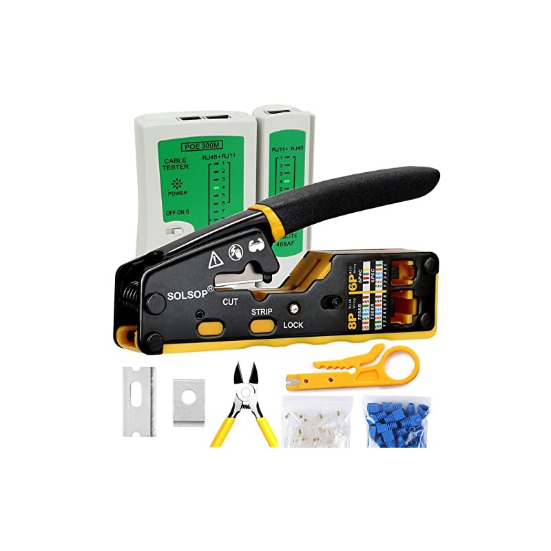Solsop Pass Through RJ45 Crimp Tool Kit Ethernet Crimper CAT5