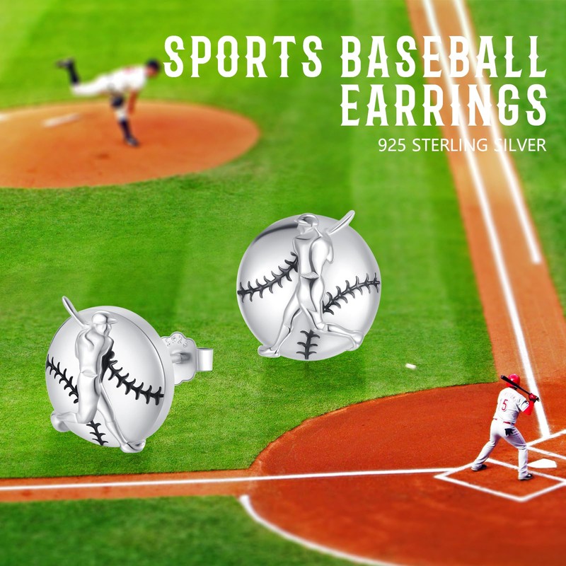 Sports Earrings for Men 925 Sterling Silver Baseball Stud Earrings,