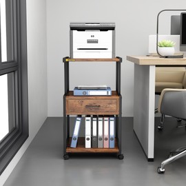 3-Tier Printer Cart on Wheels Multiple Print Stands with Drawer Home Printer Stand for Home Office Study Kitchen,Brown