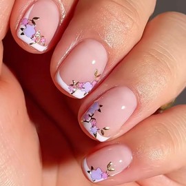 Ceboic 24Pcs Press on Nails, Short Square Nude French White Tip False Nails, Cute Glossy Fake Nails with Flowers Design, Acrylic Full Cover Reusable Glue on Nails for Women Girls Nail Art