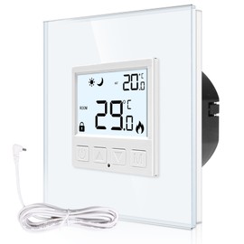 CNBINGO Digital Room Thermostat Flush-Mounted with Sensor, Thermostat for Water Underfloor Heating and Boiler, Wall Thermostat for Heating and Cooling Systems, White with Glass Frame