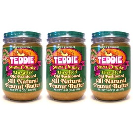 Teddie All Natural Peanut Butter, 26 Ounce 3 Pack, Gluten Free & Vegan, 16 Ounce Plastic Jar (Super Chunky Unsalted, Pack of 3)