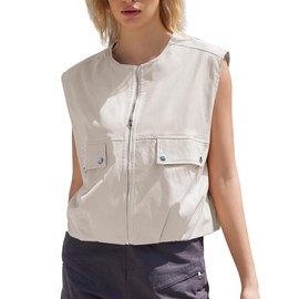 ETOSELL Womens Casual Zip Up Vest Sleeveless Jacket with Pockets Cargo Oversized Vest Ruched Hem Lightweight Blazer