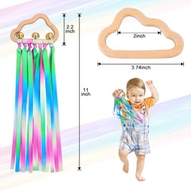 Baby Sensory Ribbon Ring Toys - 2Pcs Rainbow Ribbon Rattle Natural Wooden Ribbon Ring, Sensory Montessori Toy for 3+ Month Babies Toddler (Multicolor)