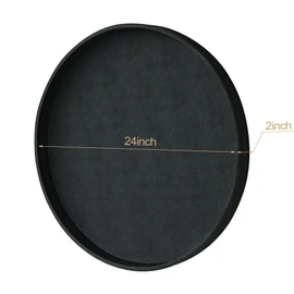 HofferRuffer Large Round Serving Tray 24'', Elegant Faux Leather Circle Ottoman Table Tray, Serve Tea Coffee Breakfast in Bedroom Living Room Kitchen (Classic Black)