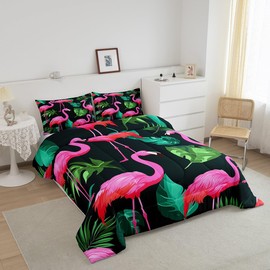 Flamingo Kids Comforter Set King Size,Tropical Botanical Palm Leaves Bedding Set,Girls Women Room Decor,Wild Birds Animals Hawaii Summer Beach Down Comforter,Pink Green Duvet Insert,2 Pillowcases