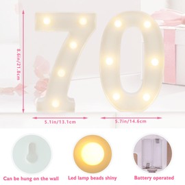 LED Marquee Letter Lights, Decorative Light Up Numbers for 70th Birthday Party, Battery Operated, Warm White Small Marquee 70 Sign for Anniversary Decorations