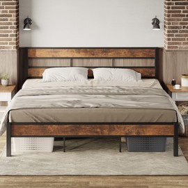 LIKIMIO King Bed Frame and Headboard, Easy Assembly, Noise-Free, No Box Spring Needed, Heavy Strong Metal Support Frames, Vintage Brown