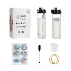 Glass Breast Milk Pitcher for Fridge (2 Pack, 21 Oz) "Not Your Cow's Milk" Pop-Top Glass Breastmilk Storage Bottles w/ Reusable Expiration Tags, Marker & 6 Stickers - Breast Milk Storage Containers