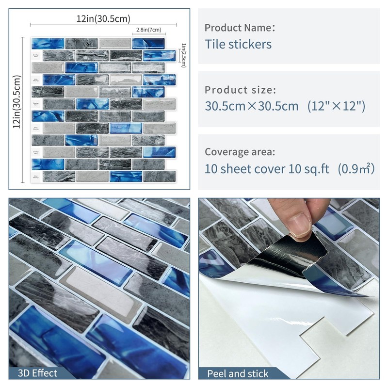 DEWOO Kitchen Backsplash Self Adhesive Wall 3D Marble Tiles Peel